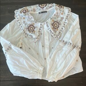 Zara White Blouse with Floral Embroidery